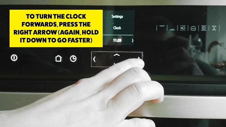 Press and hold down the right arrow button to turn the time forwards on the display clock