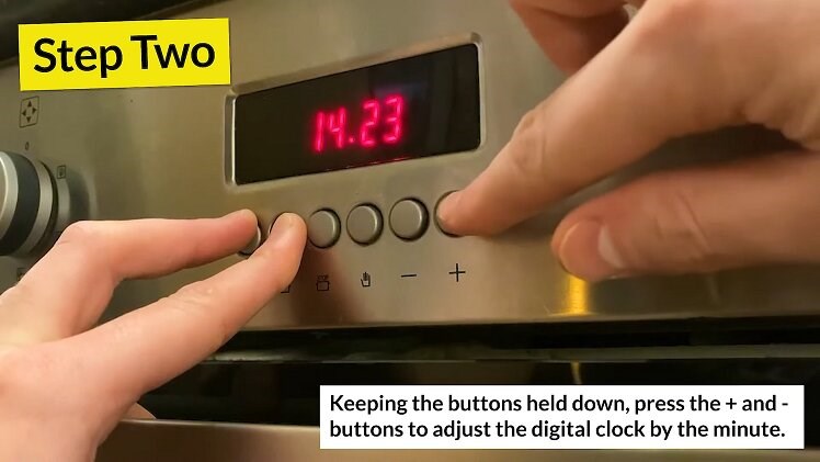 With the two left-most buttons still held down, use your other hand to press the + and - buttons on the right to change the minutes