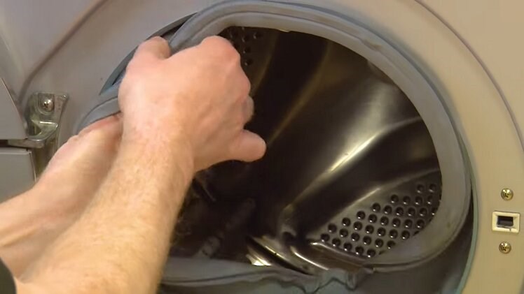 Unfold the rubber door seal from inside the washing machine by pulling it back out