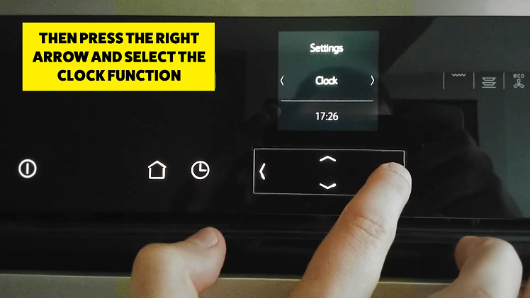 Press the right arrow button once to reach the 'clock' setting.