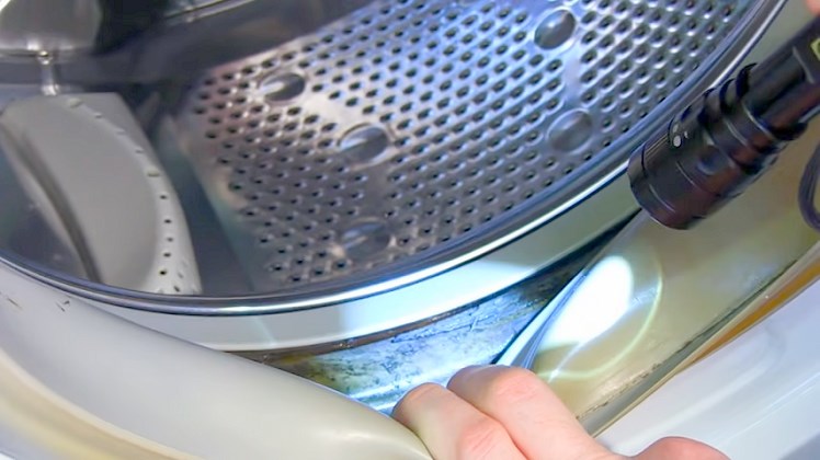 Inspecting a washing machine door seal with a torch