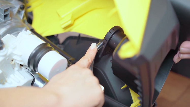 To fix the Karcher detergent dispenser bottle hose leak, make sure the small hose is securely connected on both ends.