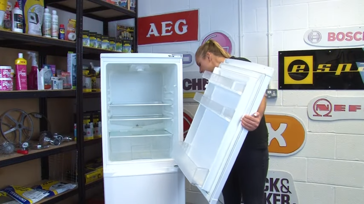 Lifting The Fridge Door And Lining Up The Hole At The Bottom With The Centre Hinge Pin