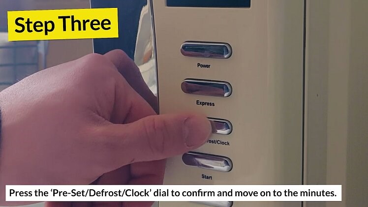 Once you reach the correct hour, confirm it by pressing the button labelled 'Pre-Set/Defrost/Clock' again